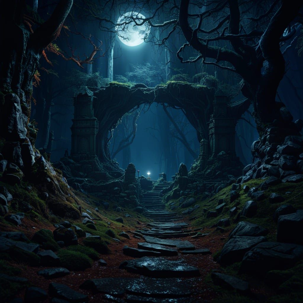 Moonlit Dark Fantasy Dungeon Forest in 8K