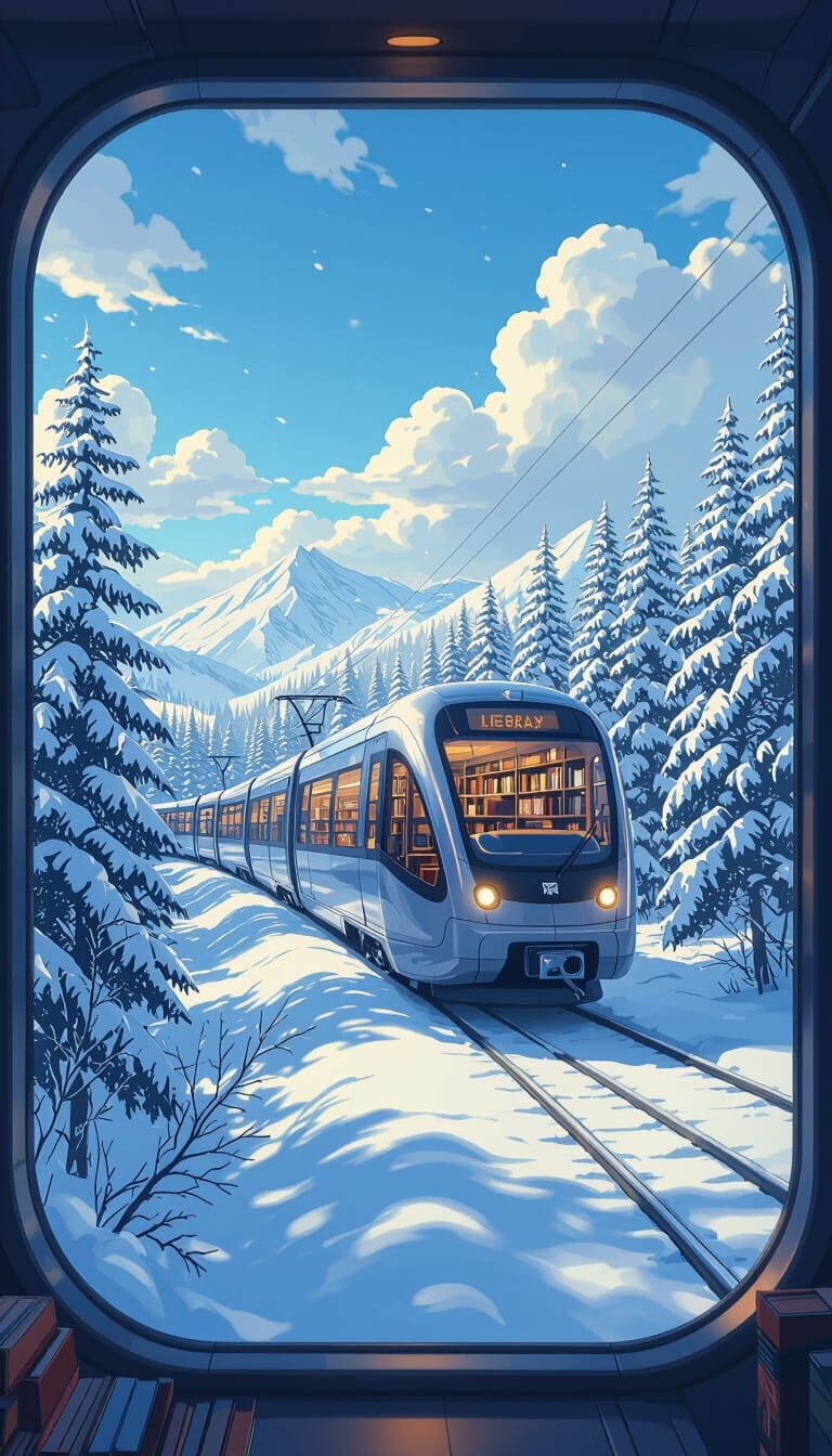 Futuristic Transparent Train Library in Snowy Forest