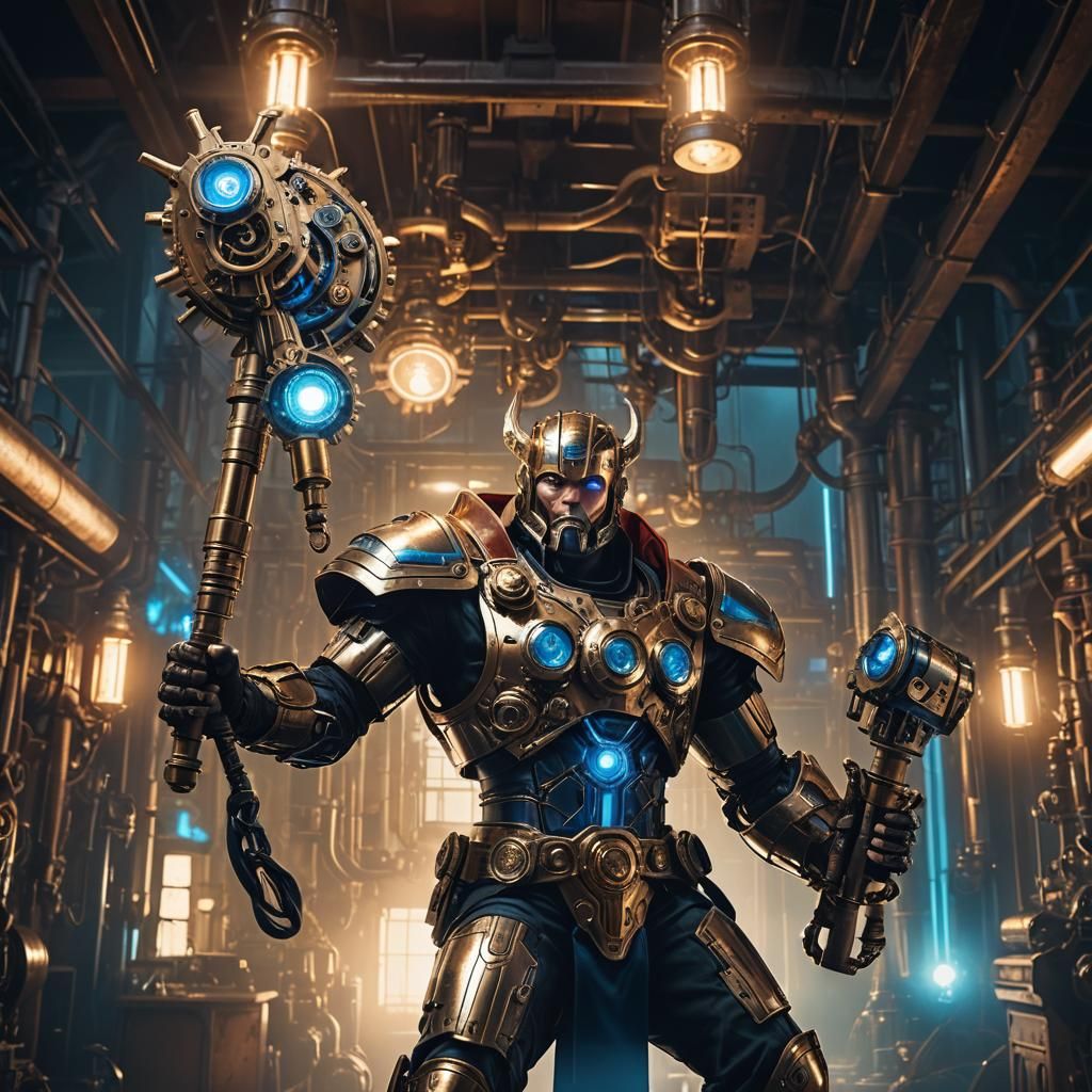 Steampunk Cyberpunk Robotic Thor in Industrial Setting
