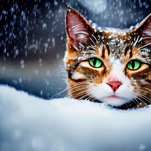 Futuristic Portrait of a Cold Cat in Snow