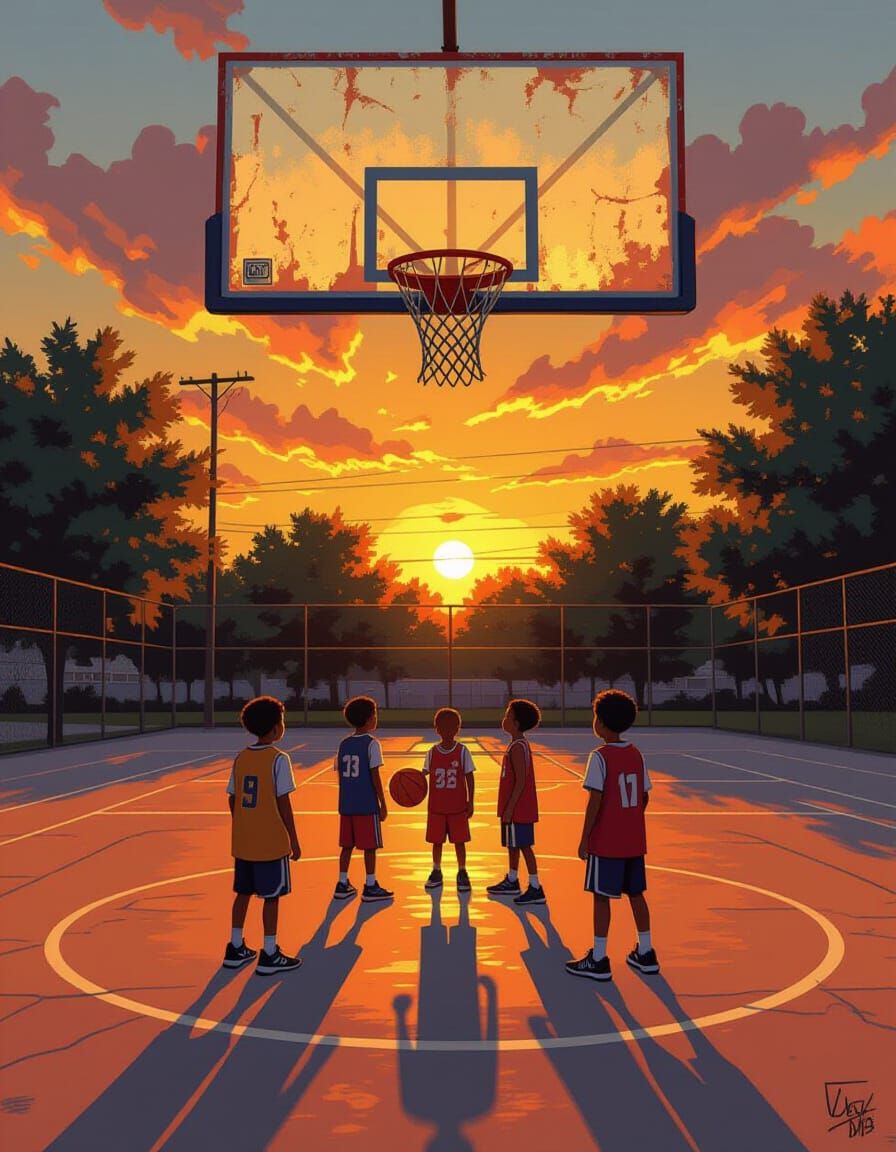Sunset Basketball Game Through Hoop, Stylized Realism