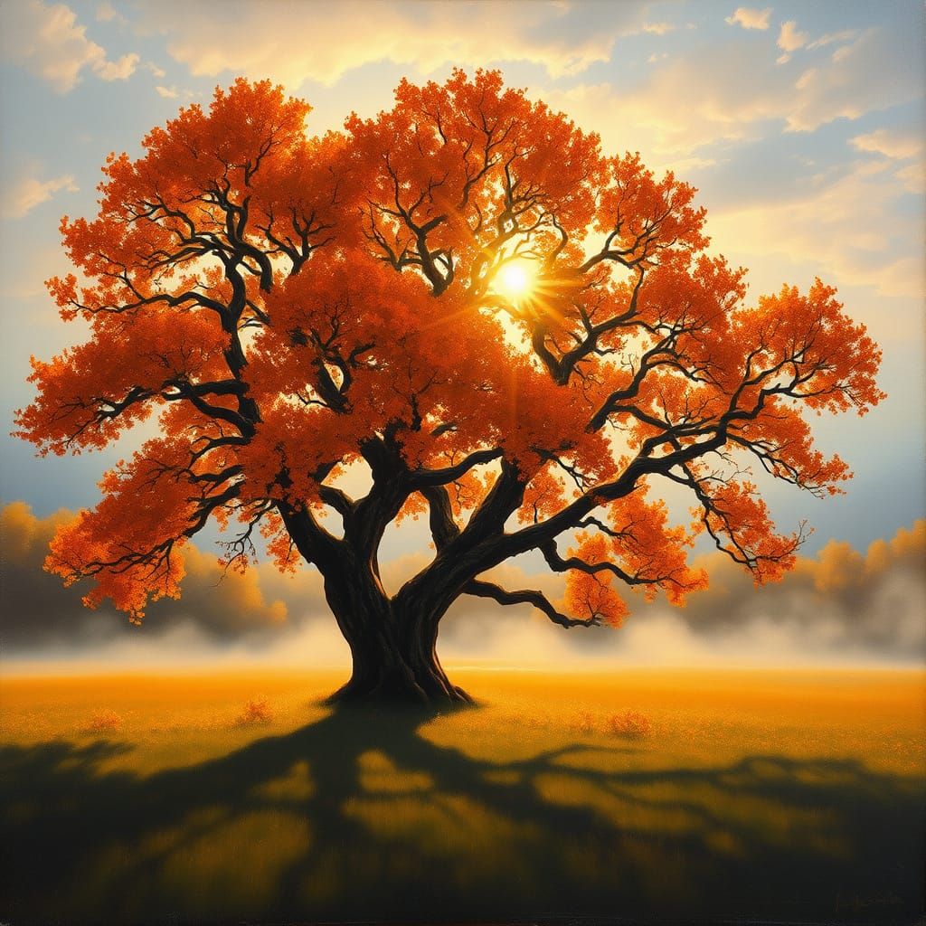 Ancient Oak Tree in Fiery Autumn Mist Oil Painting
