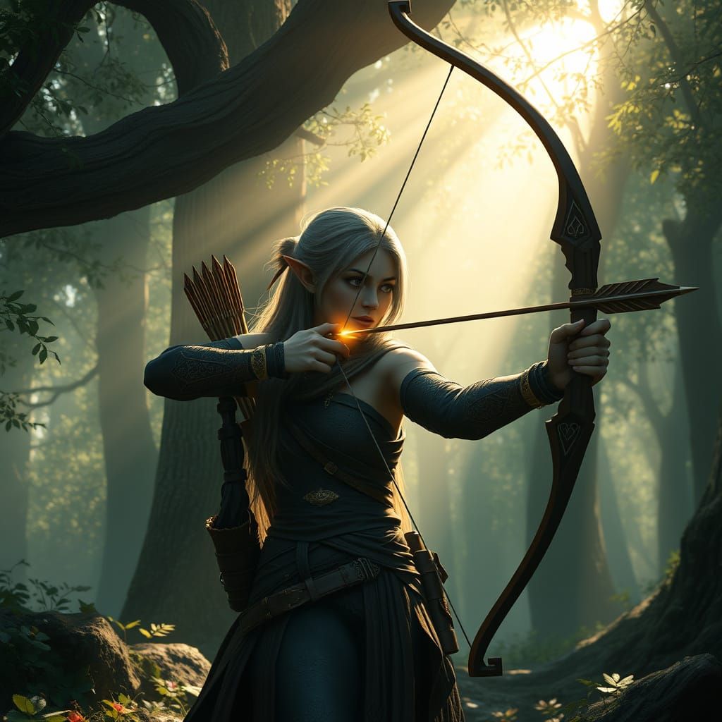 Elven Huntress in Enchanted Forest Shrine
