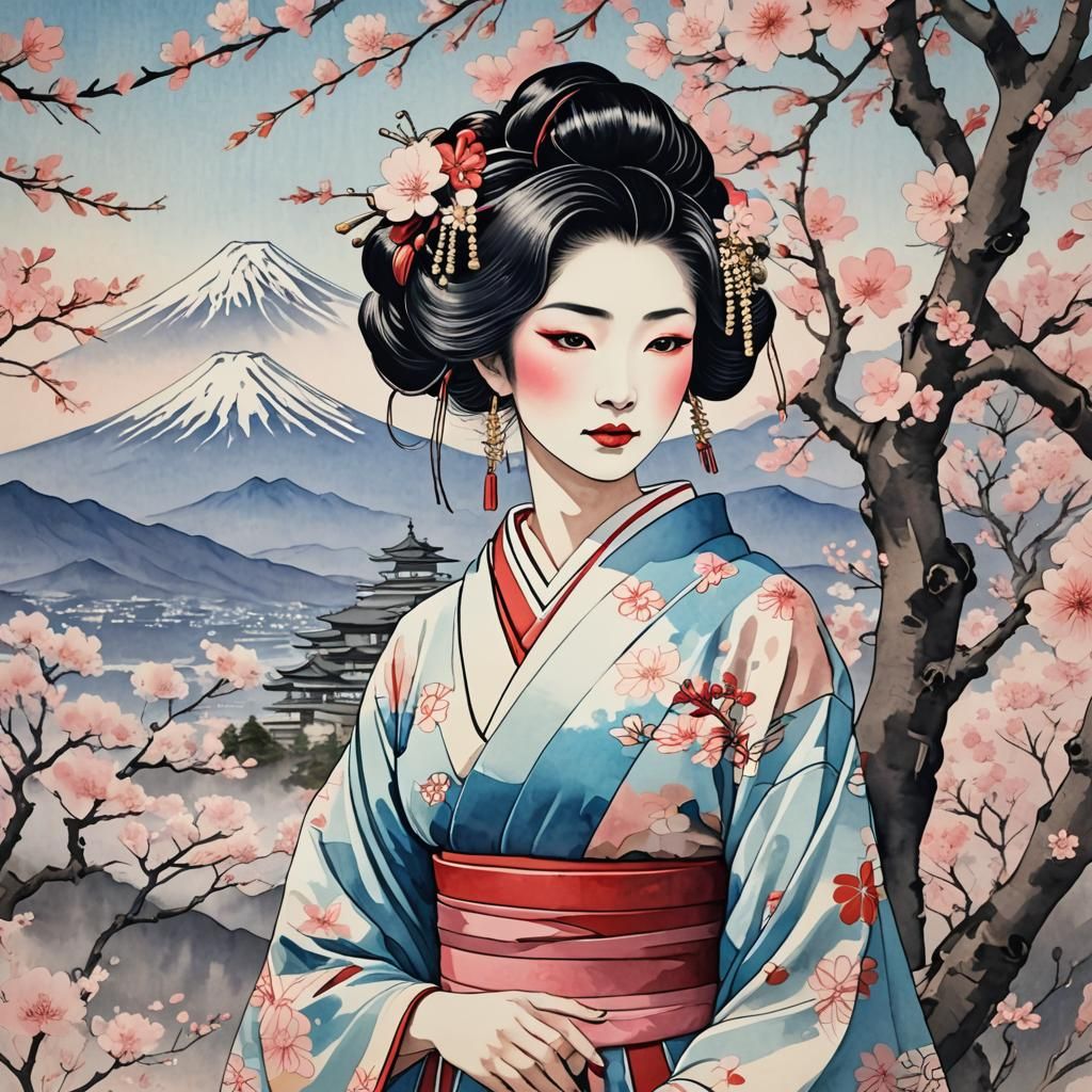 Geisha Admiring Sakura, Ukiyo-e Style Illustration