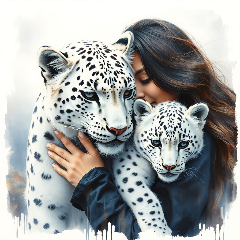 Surreal Snow Leopard Mother and Cub Oil Painting