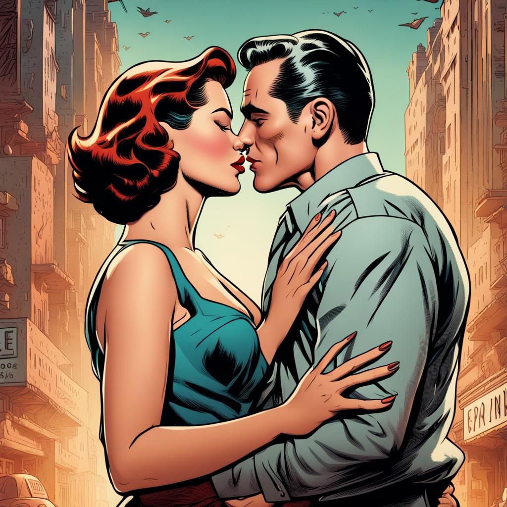 Romantic Kiss in 1950s Comic Book Style
