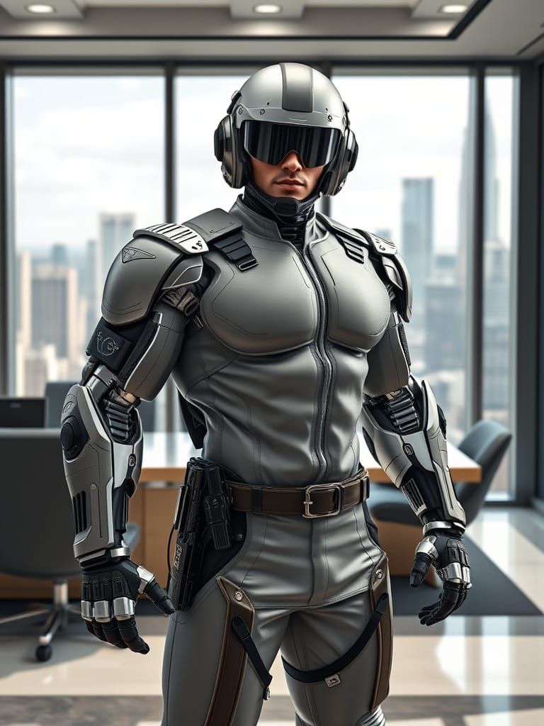 Tactical Cyborg Agent in Sleek Modern Office