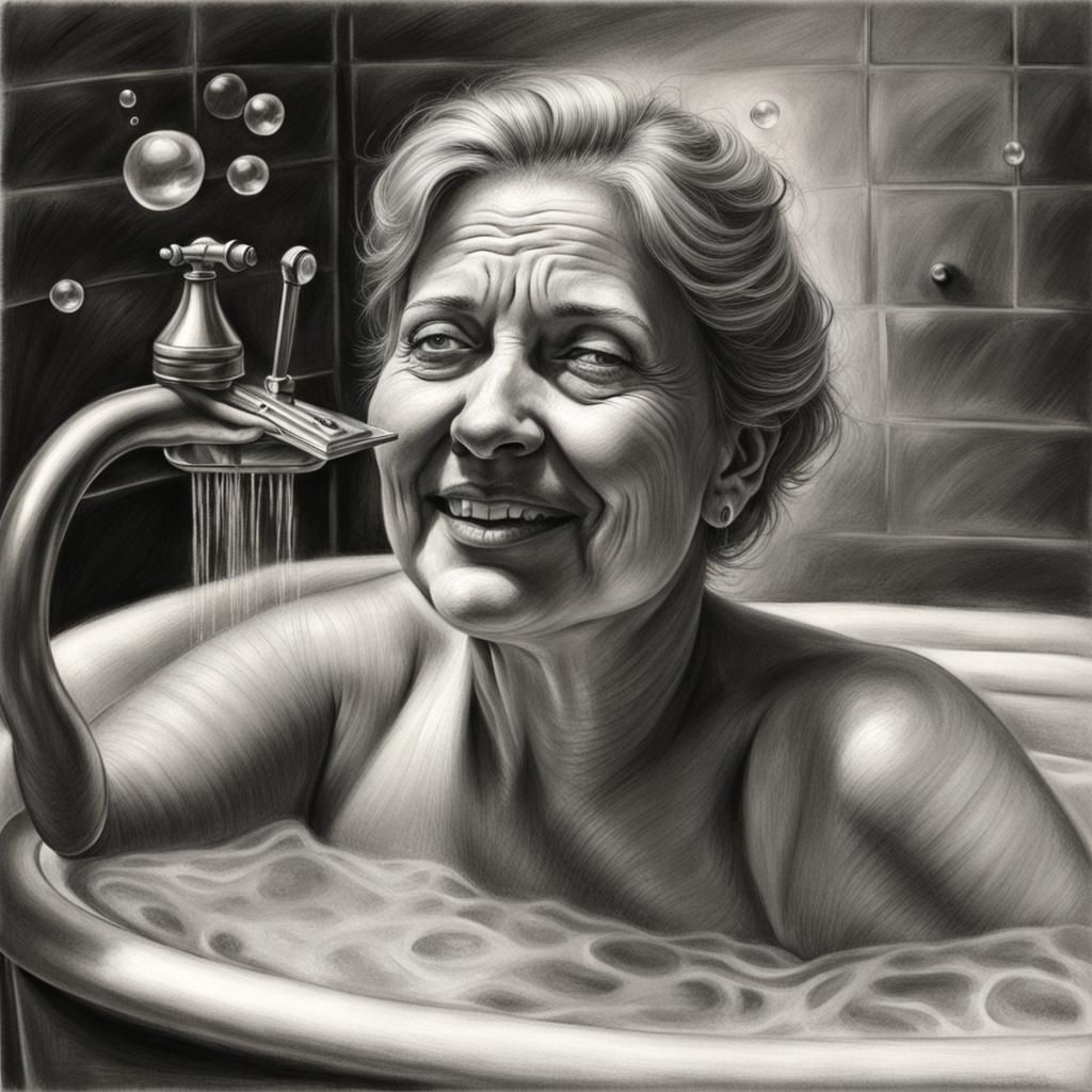 Hyperdetailed Charcoal Drawing of Mother in Bubble Bath