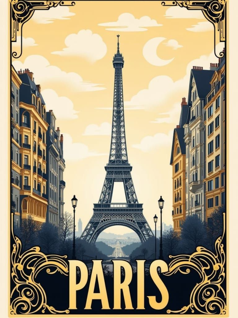 Elegant Art Deco Eiffel Tower Scene with Parisian Buildings ...