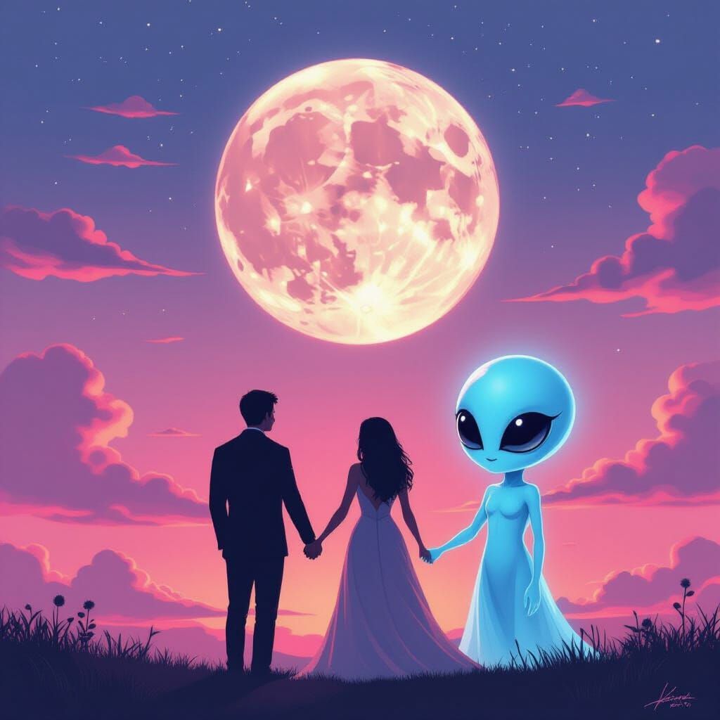 Romantic Twilight Scene With Silhouettes and Blue Alien