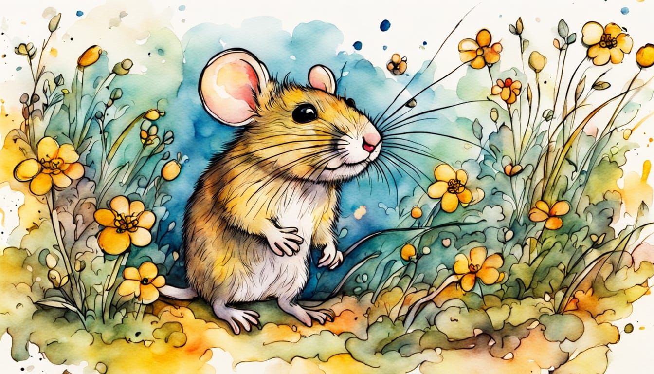 Colorful Ink Illustration of a Mouse in Garden