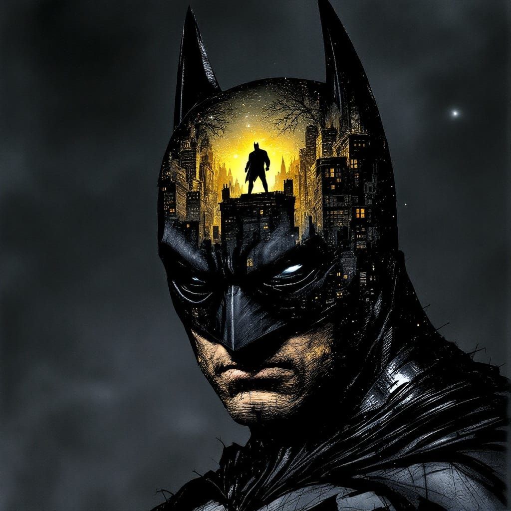 Batman in Iconic Metal Armor, Gotham City at Night
