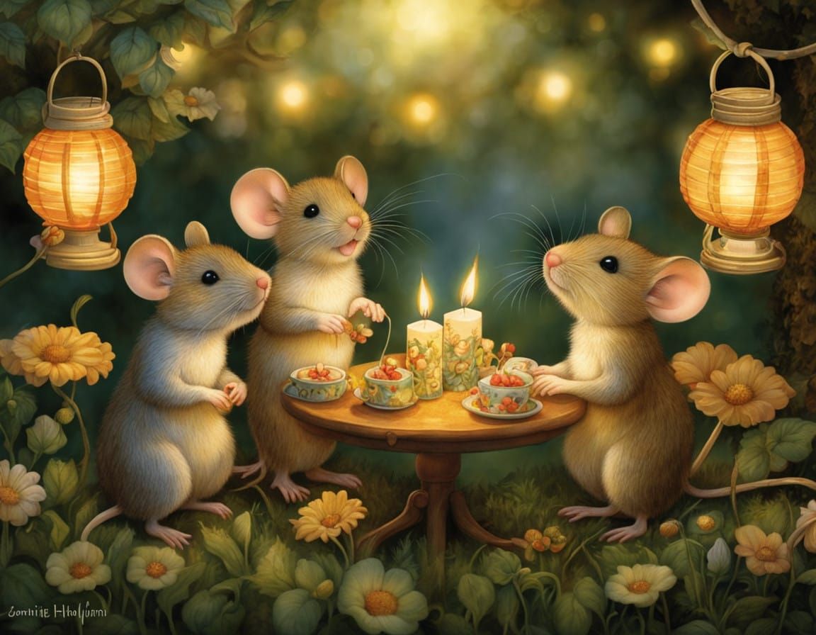 Mice Garden Party with Glowing Lanterns at Dusk