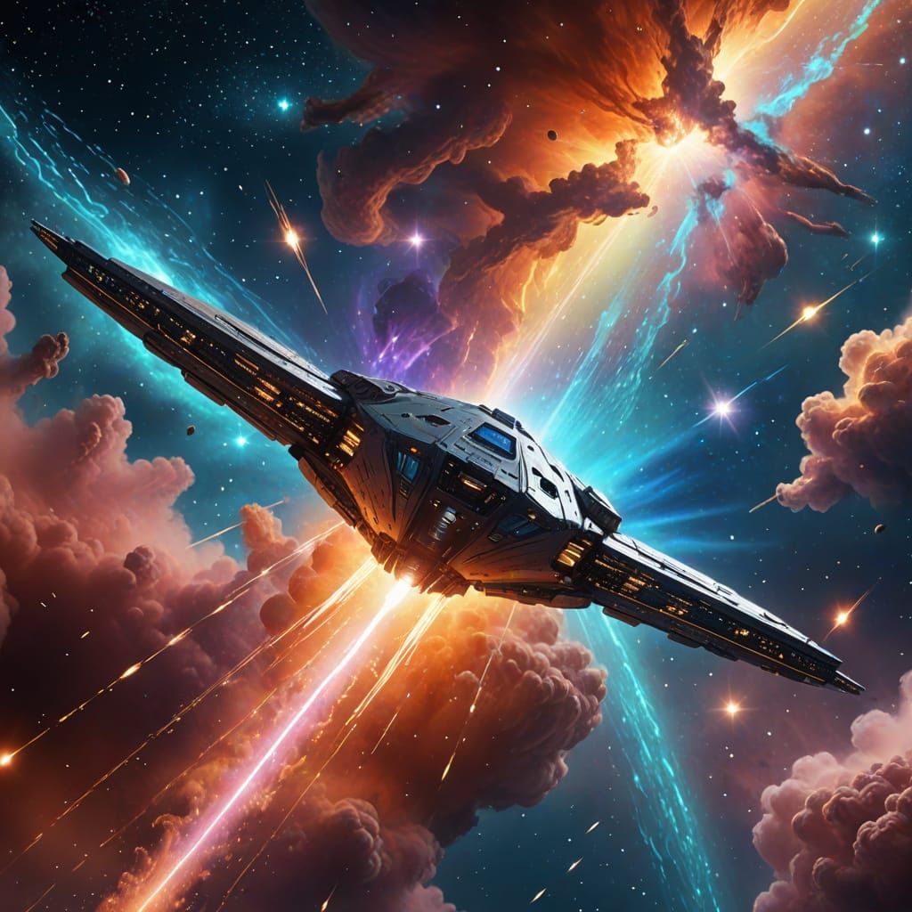 Starship Glides Through Vibrant Nebula in Digital Art