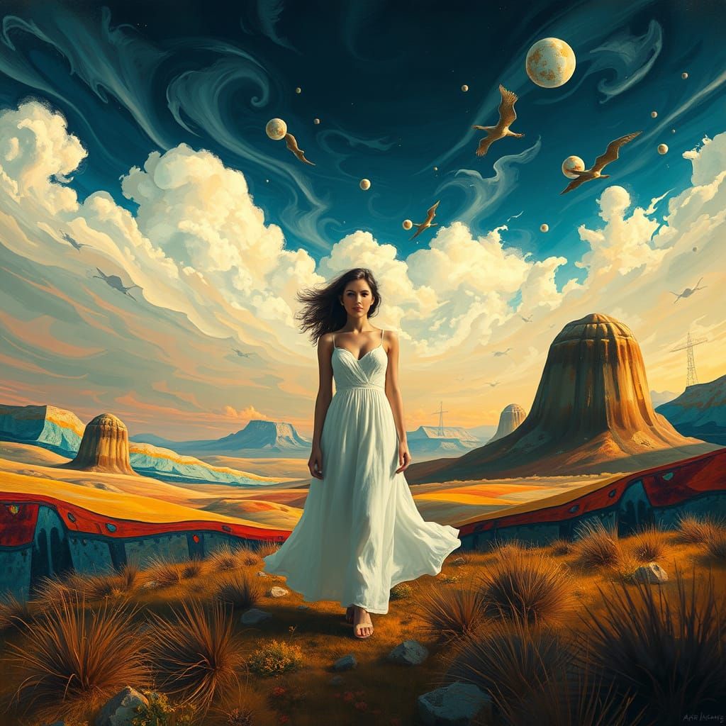Surreal Woman in Abstract Landscape with Dreamlike Sky