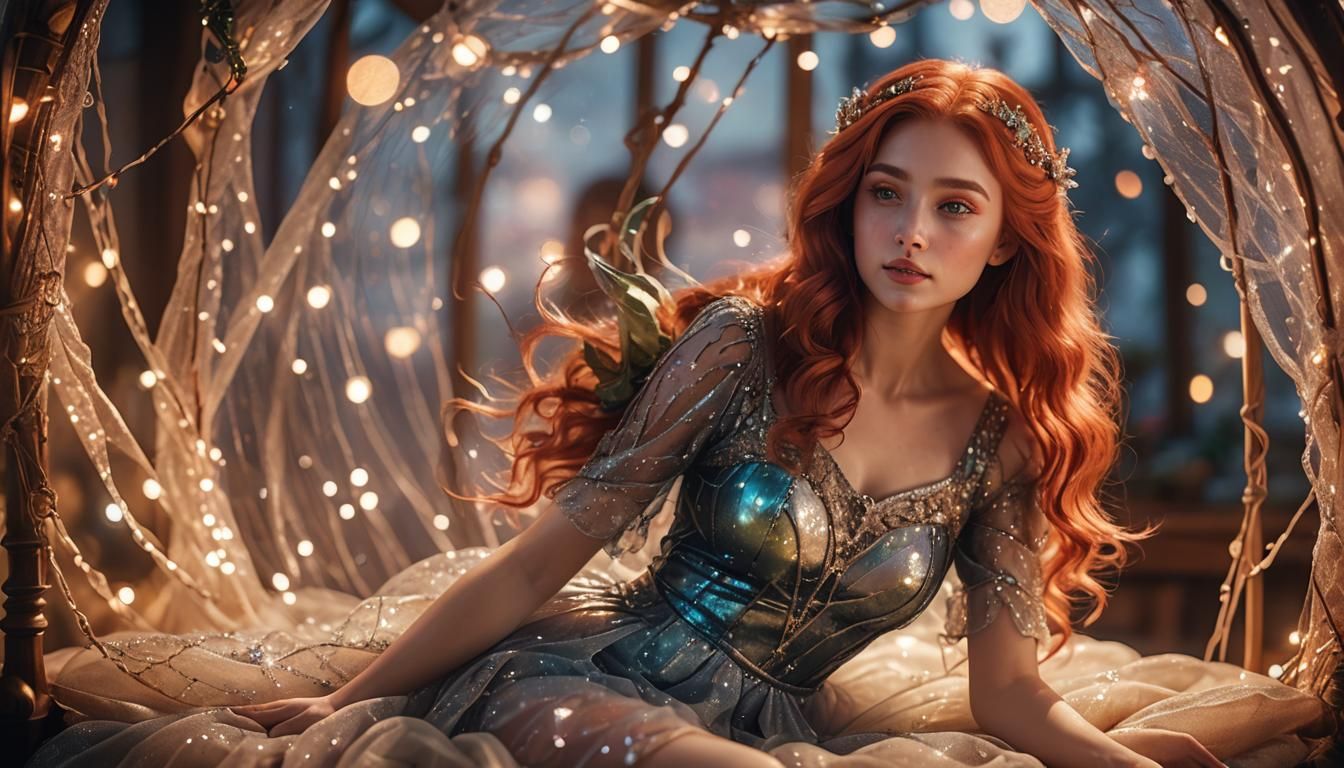 Hyper-Realistic Portrait of Red-Haired Woman on Fantasy Bed
