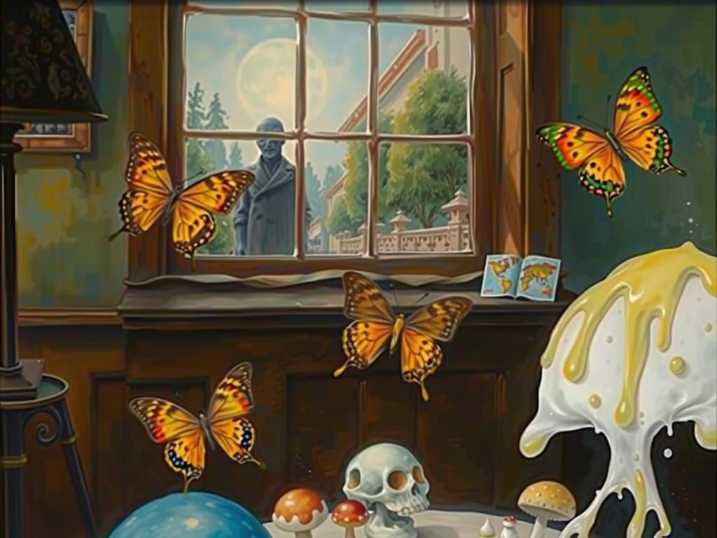 Mysterious Figure Leering Through Window in Surreal Style