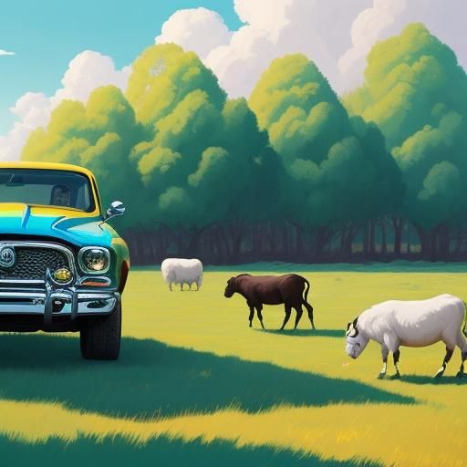 Ram Butting Car: Cartoon Digital Painting