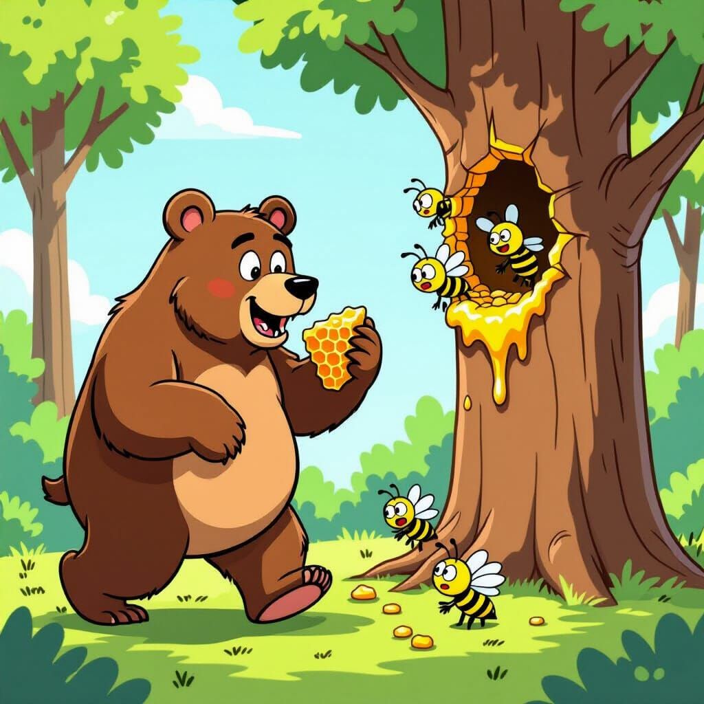 Happy Bear Eats Honeycomb in Funny Comic Style