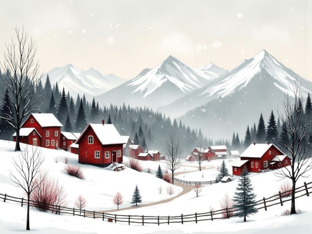 Surreal Winter Village Scene in Watercolor Style