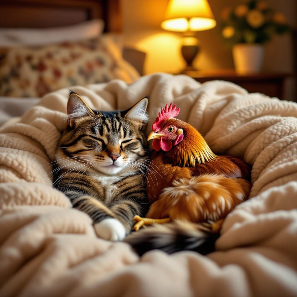 Cat and Chicken Napping Together: Hyperrealistic National Ge...