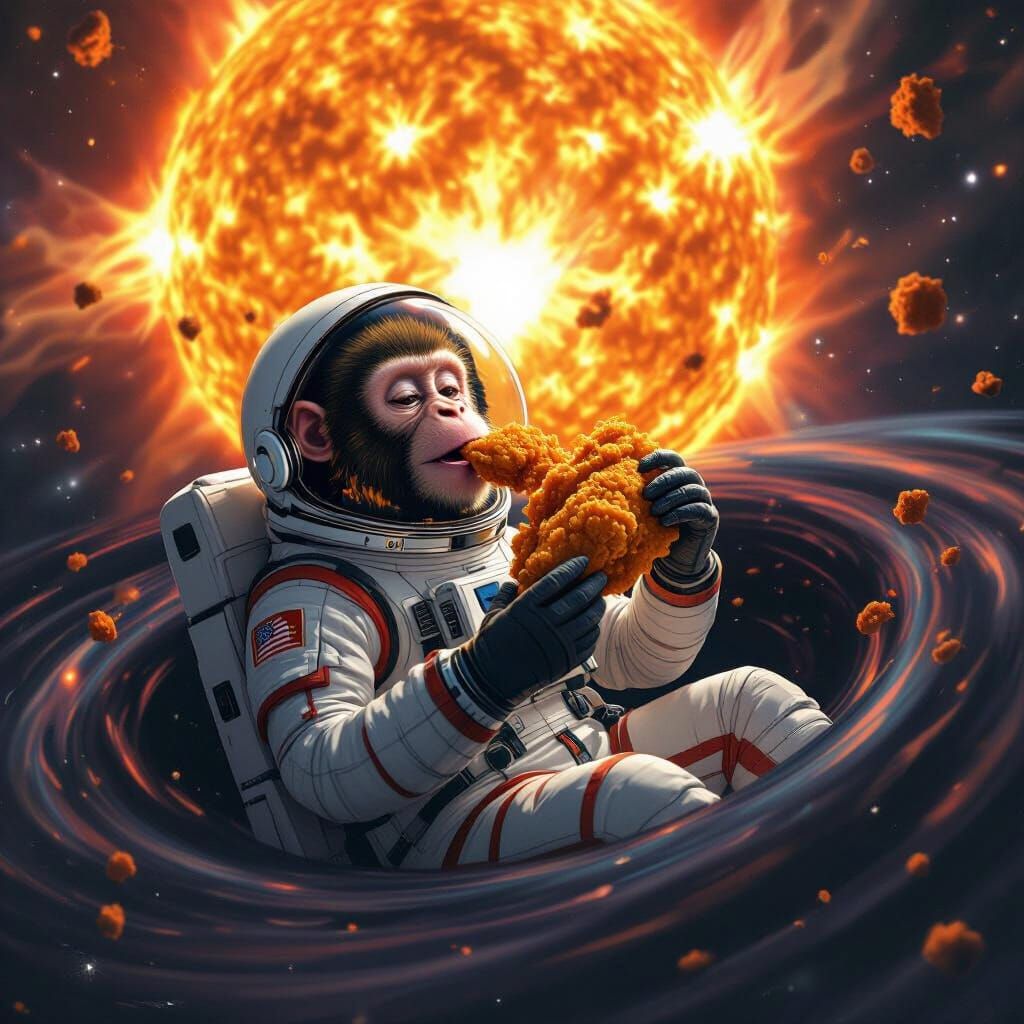 Astronaut Monkey Eats Chicken Near Exploding Sun