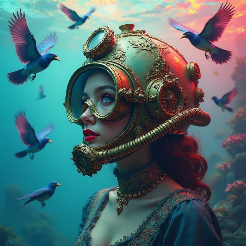 Surreal Undersea Birds with Diver in Hyperrealistic Style