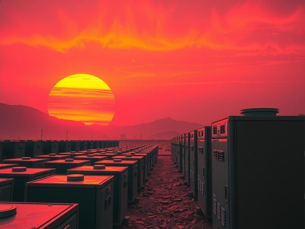 Retro-Futuristic Dystopian Landscape at Sunset