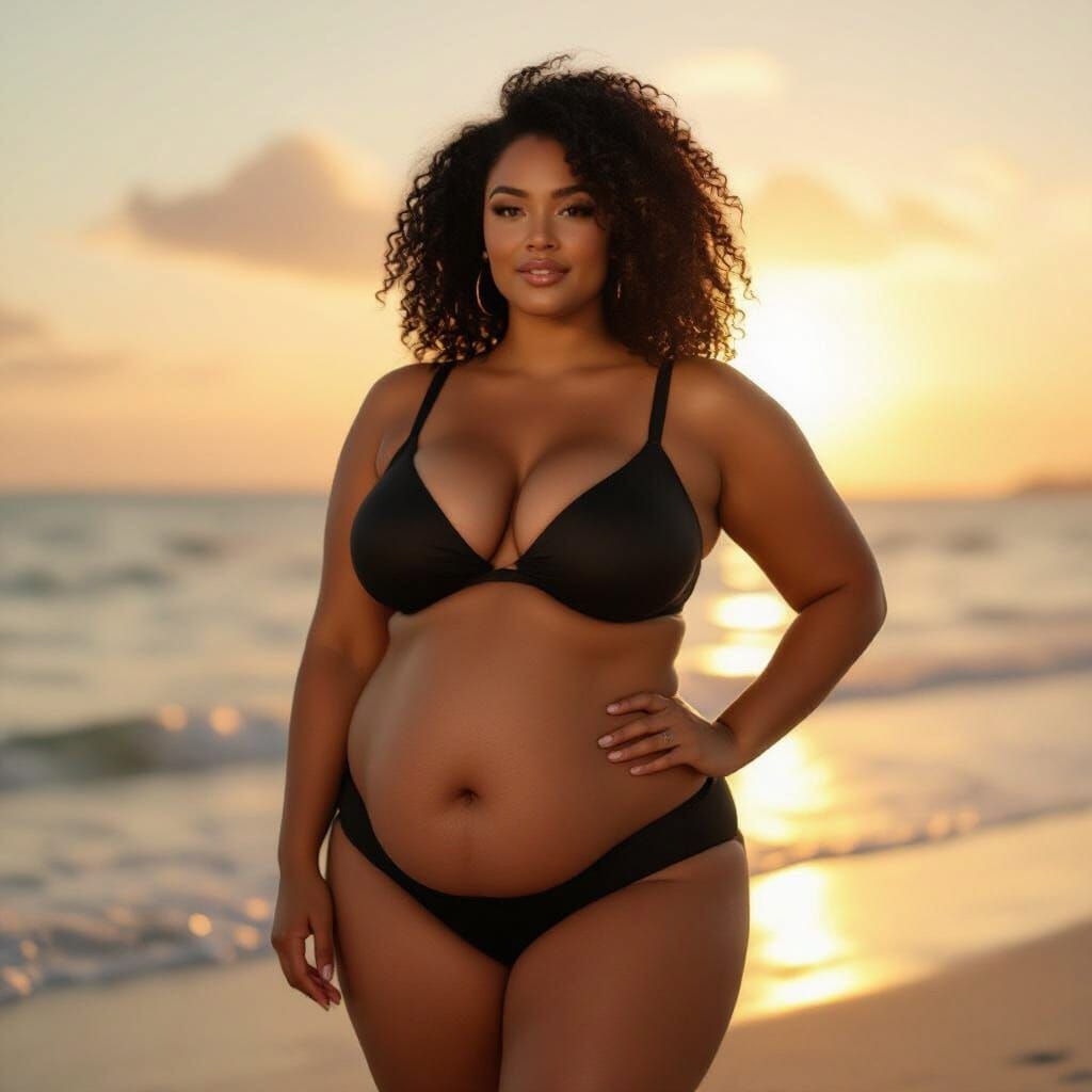 Confident Plus-Size Woman Poses on Serene Beach at Golden Ho...