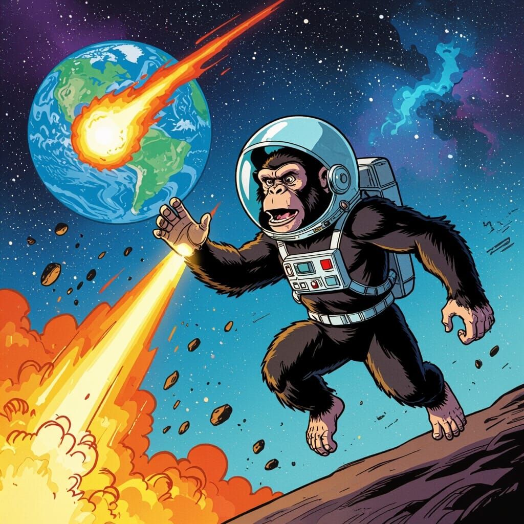 Chimpanzee Hero Stops Meteor in Comic Book Style