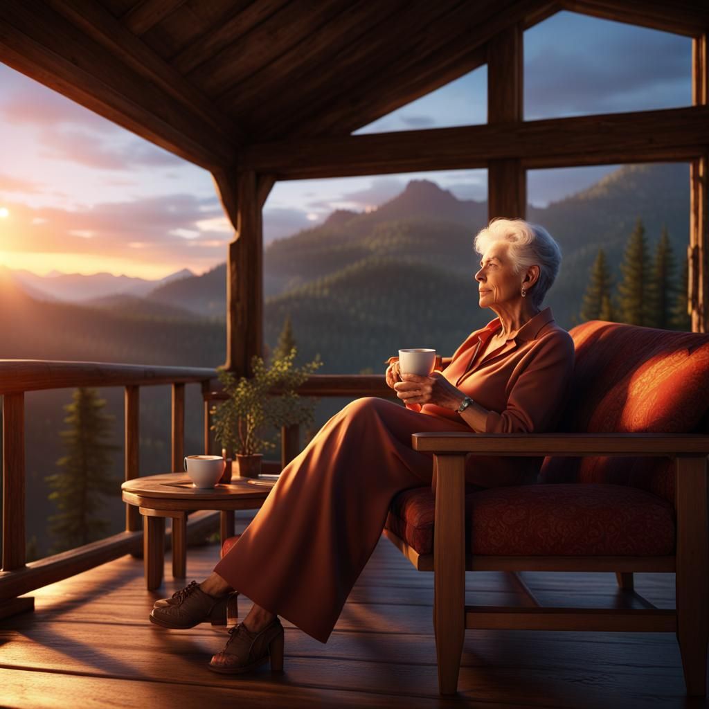 Woman Lounging on Cabin Deck at Sunset