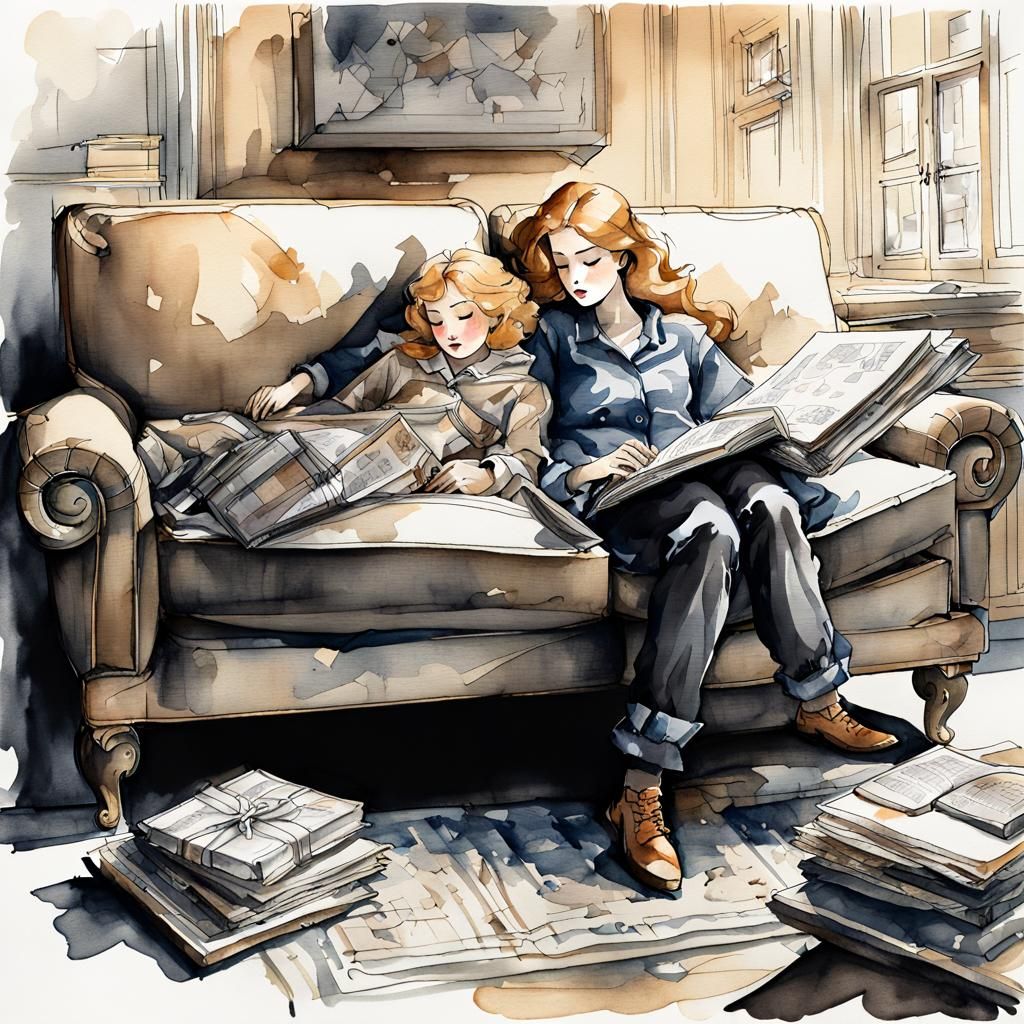 Cozy Couple Snuggling by Fire: Ink Illustration