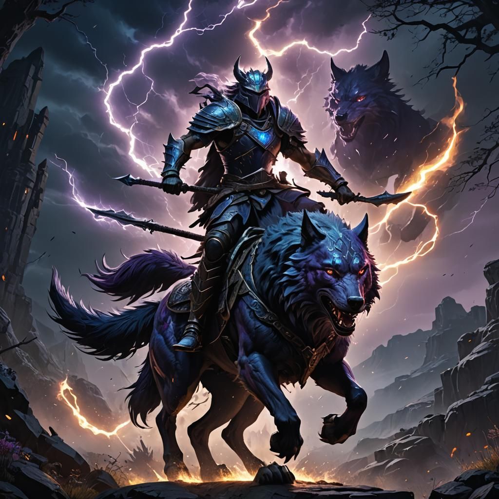 Warrior on Fantasy Wolf in Dark Fantasy Style