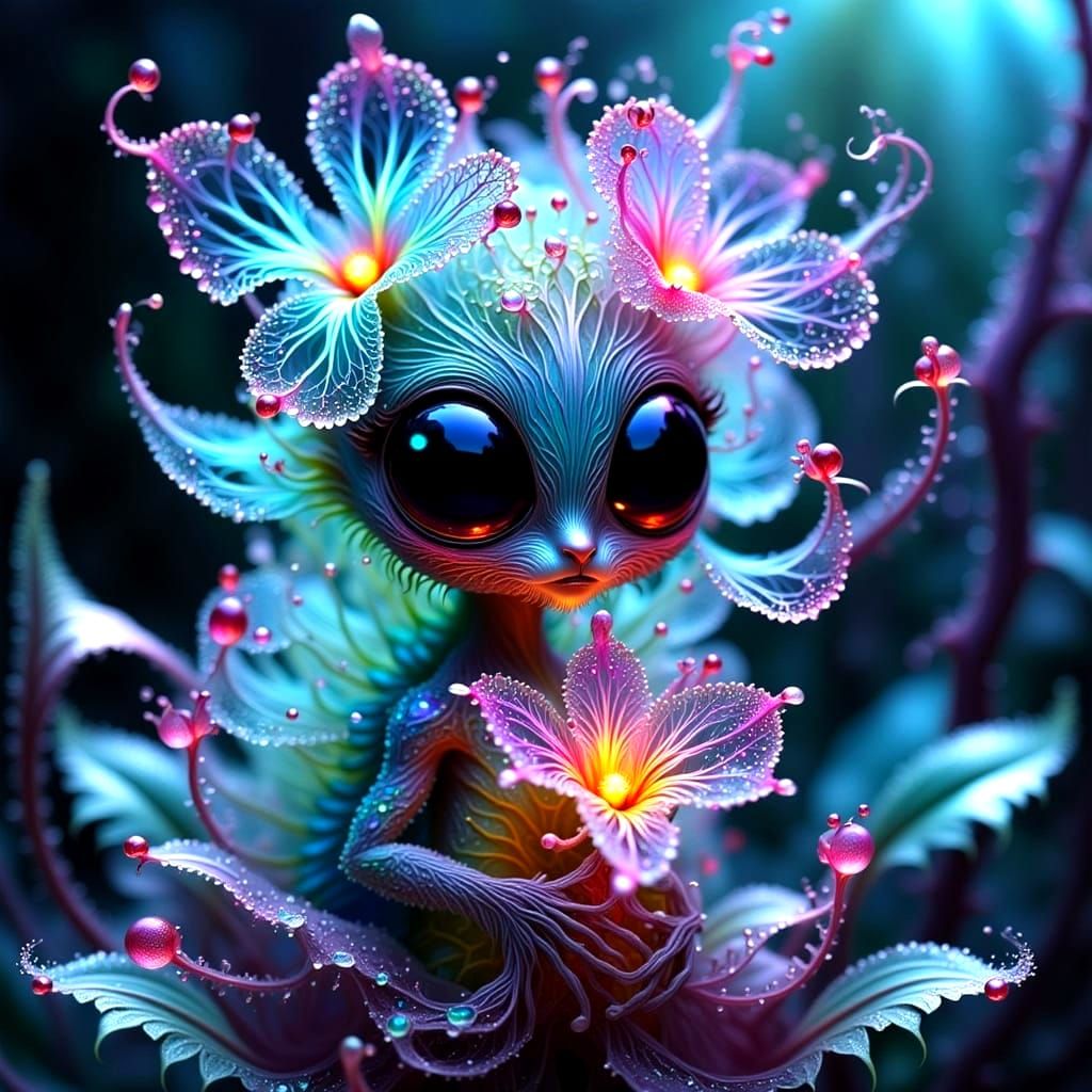 Whimsical Mystical Forest Creature Holding a Glowing Flower