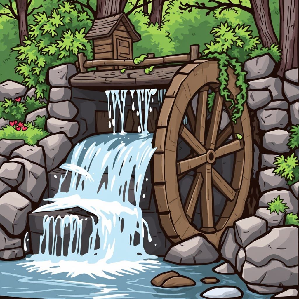 Whimsical Waterwheel in a Comical Waterfall Scene