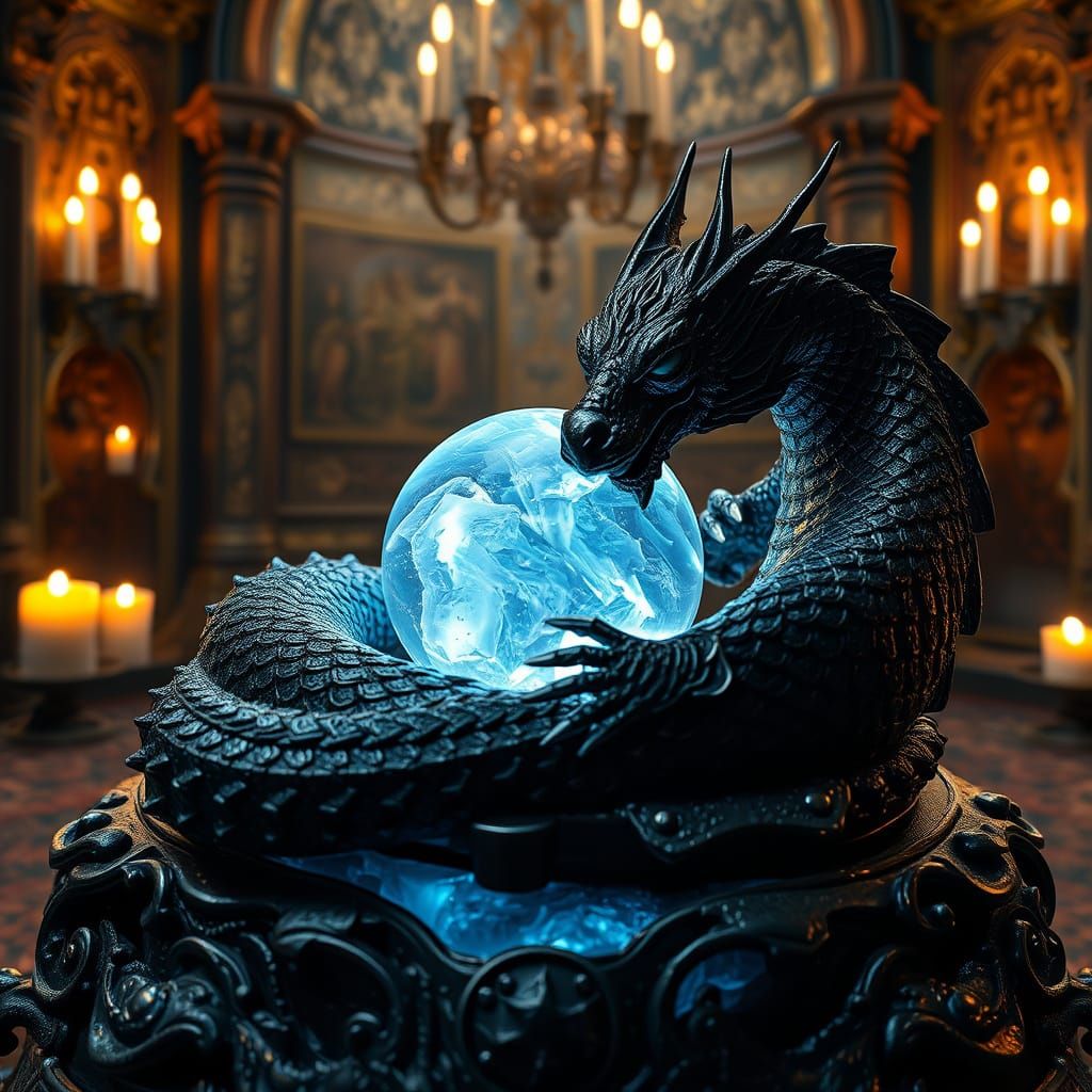 Obsidian Music Box Dragon in Gothic Chamber