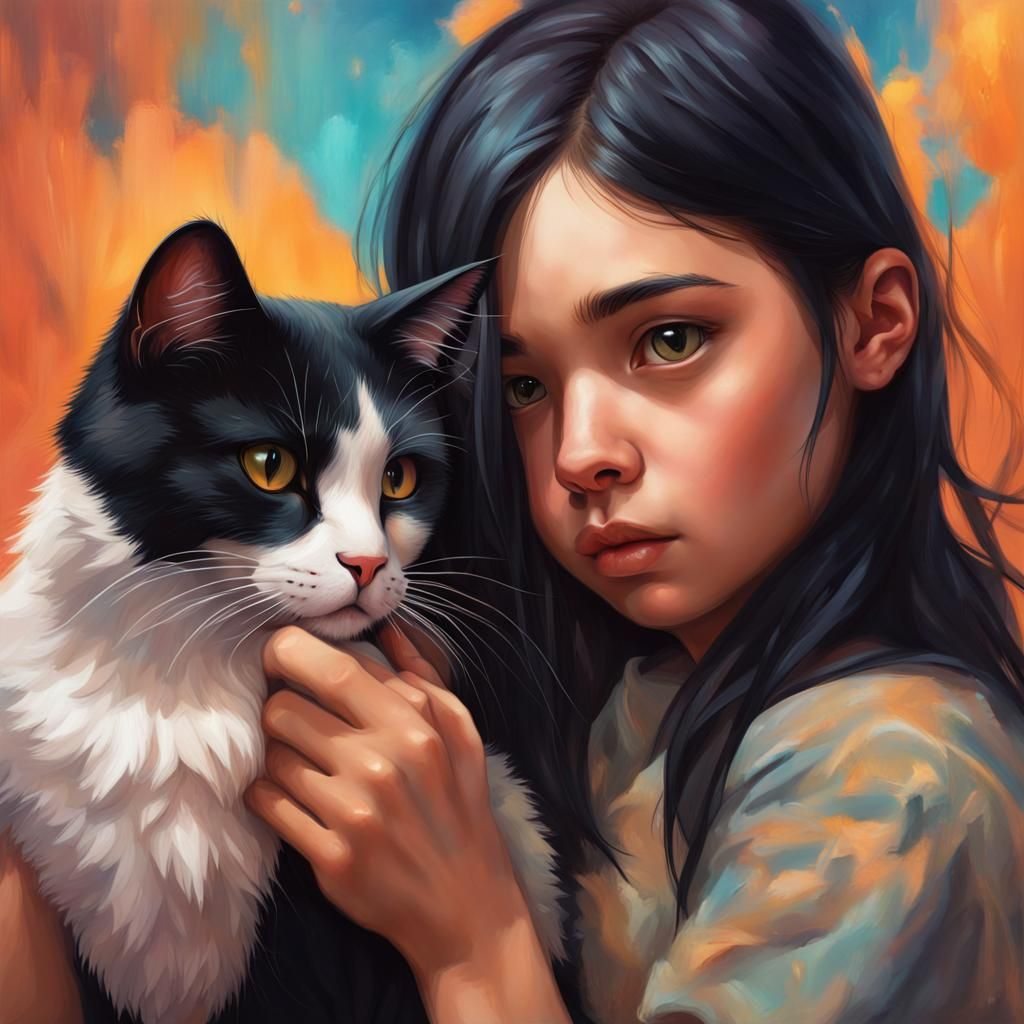 Girl with Cat in Hyperrealistic Splash Art