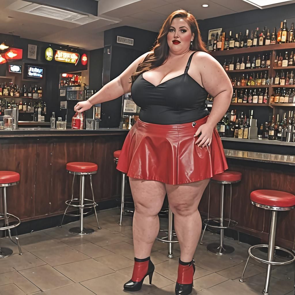 Plus-Size Woman in Red PVC Skirt at Bar