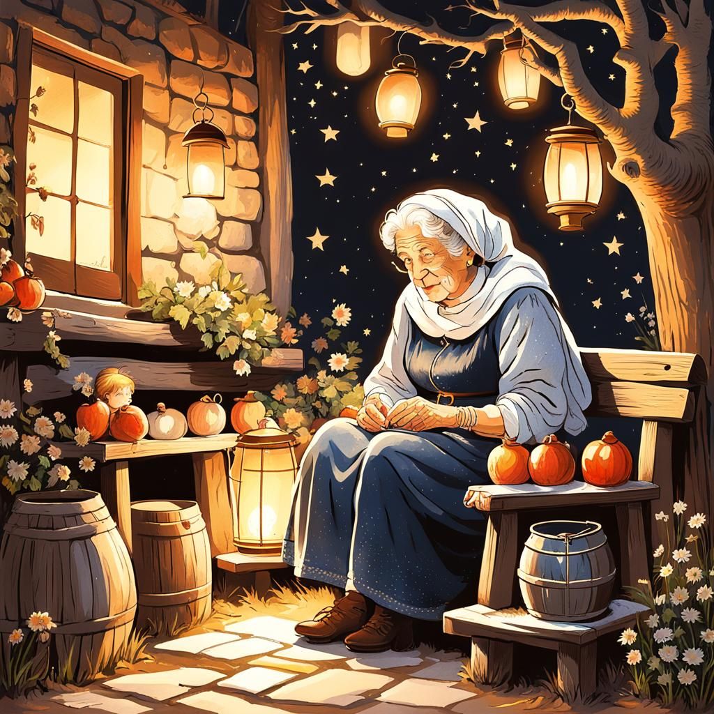 Italian Grandmother Telling Fairy Tales at Night