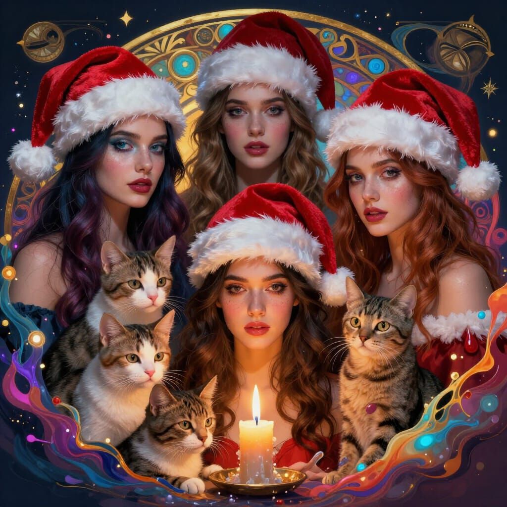 Beautiful Women in Santa Hats with Cats and Candles