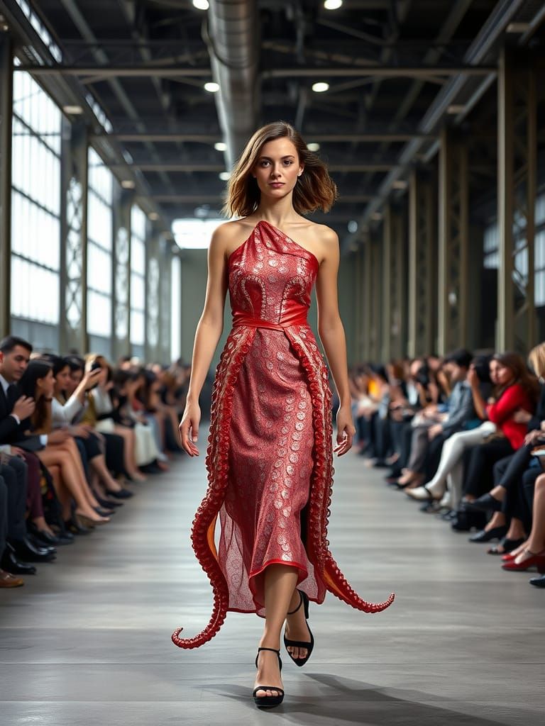 Hyper-Realistic Fashion Runway Model in Octopus Dress