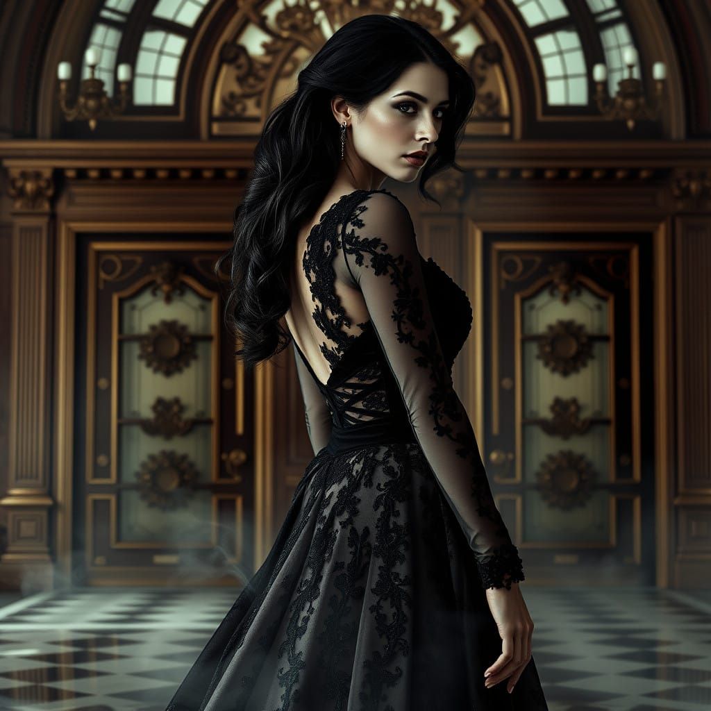 Gothic Vampire Silhouette in Opulent Empire-Style Manor
