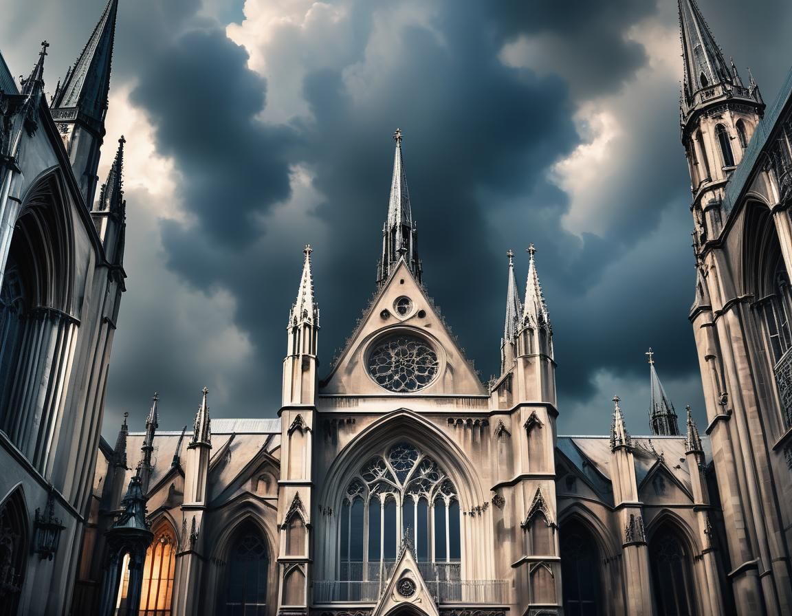 Gothic Cathedral in Baroque Style Under Cloudy Sky