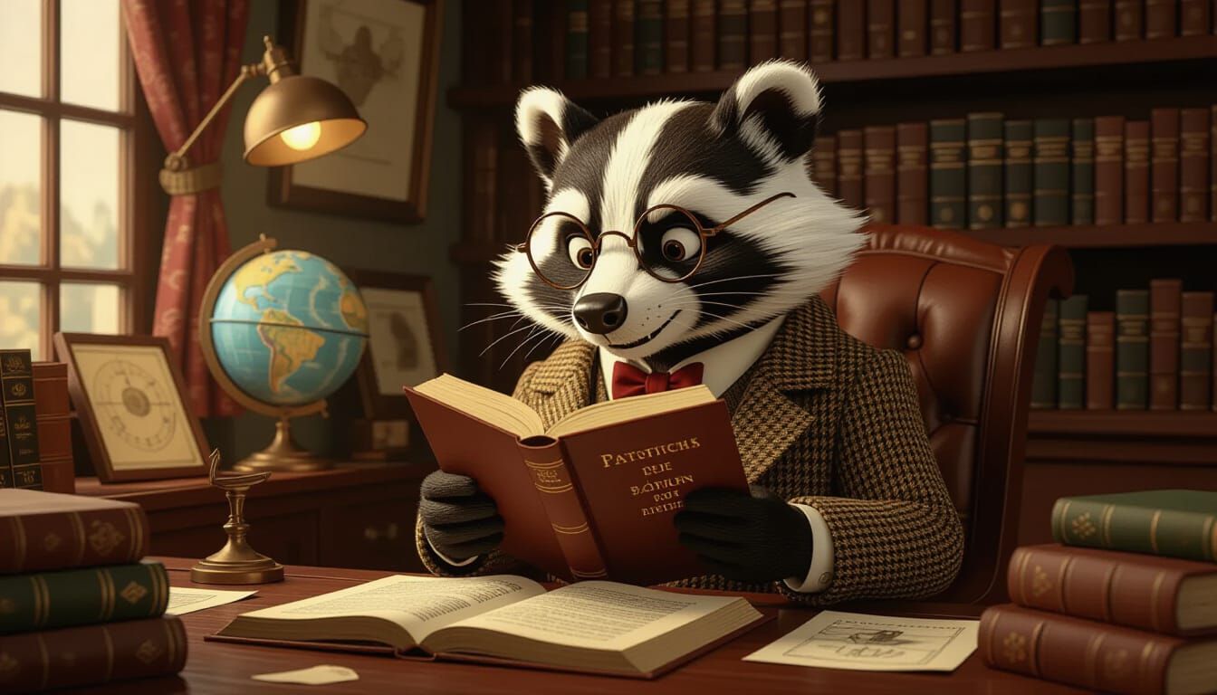 Anthropomorphic Badger Reads in Cozy Study, Retro Illustrati...