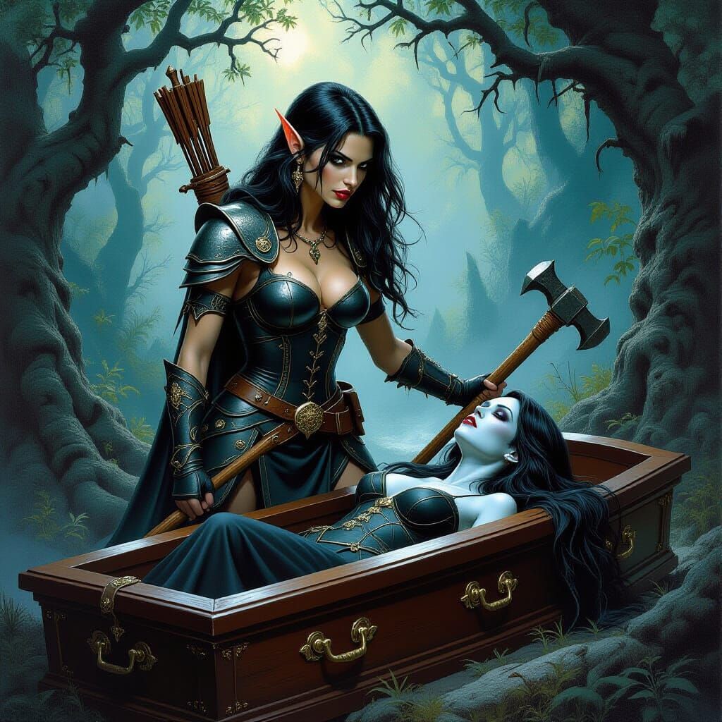 Elf Warrior Confronts Vampire in Mystical Forest