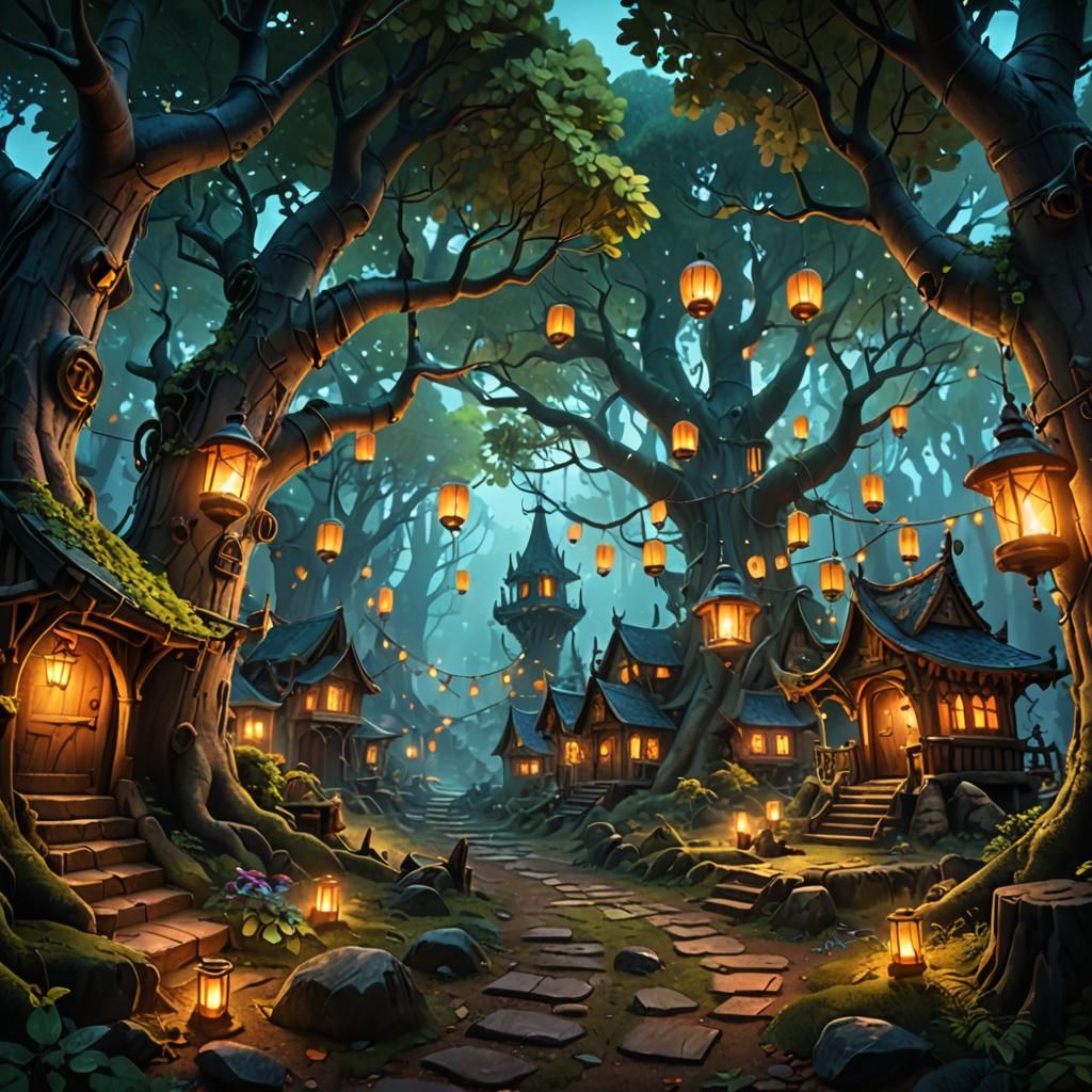 Fantasy Kingdom Village in Forest: Digital Matte Painting