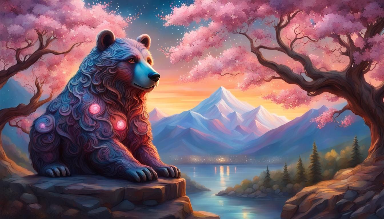 Fantasy Bear Statue with Cherry Blossoms at Sunset