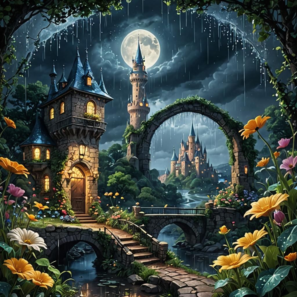 Magical Rain: Fairytale Tower in Dreamy Landscape
