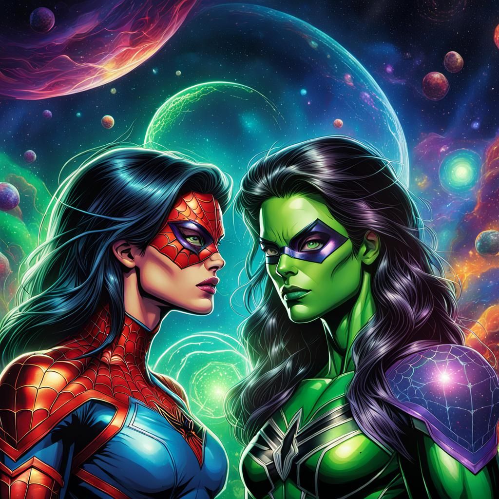 She-Hulk and Spider-Woman in Cosmic Astral Illustration