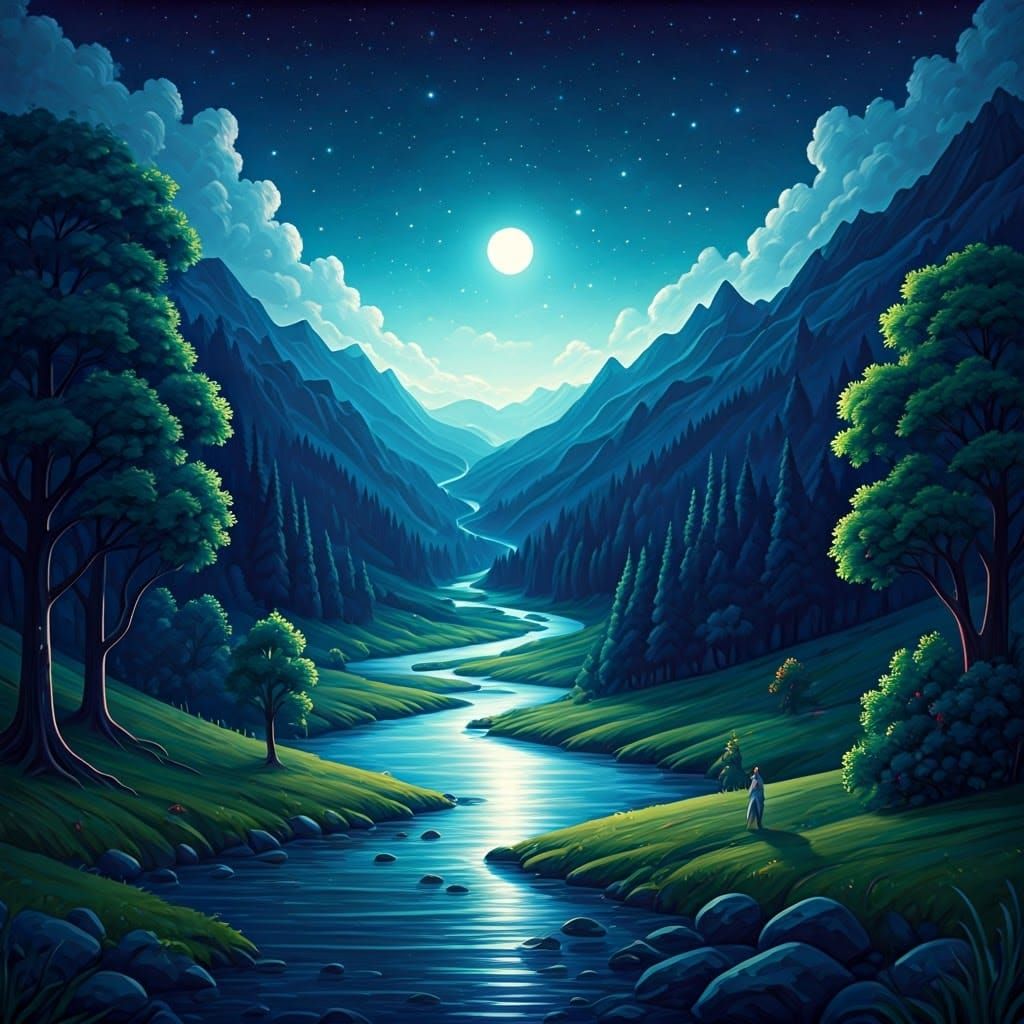 Impressionist Moonlit Valley with Starry Night